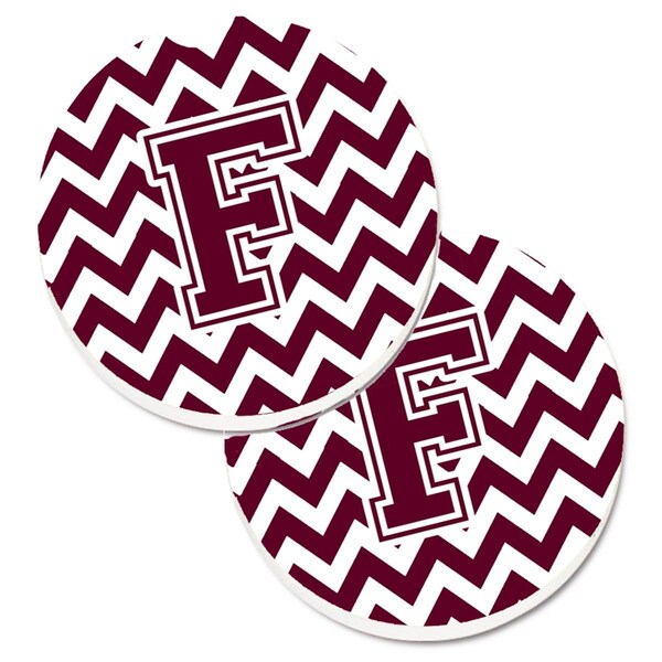 Carolines Treasures Letter F Chevron Maroon and White Set of 2 Cup Holder Car Coaster CJ1051-FCARC - main